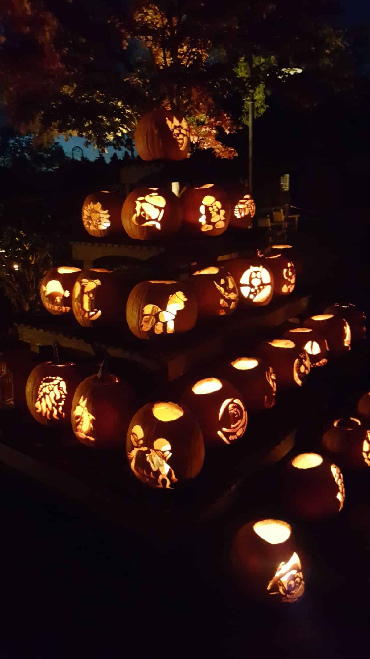A tower of Jack o Lanterns at Halloween Greenfield Village