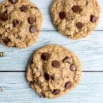 An overhead shot of large soft monster cookies with chocoalte chips.