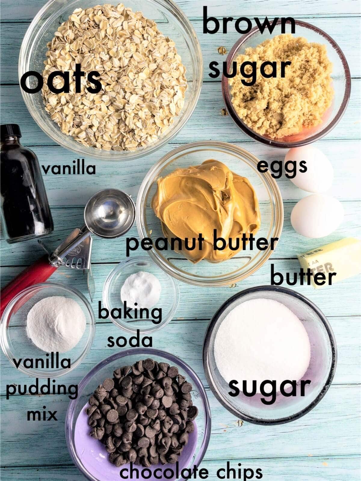 Chewy Monster cookie ingredients with the text "oats, sugar, brown sugar, eggs, butter, peanut butter, baking soda, chocolate chips, vanilla pudding mix, and vanilla.