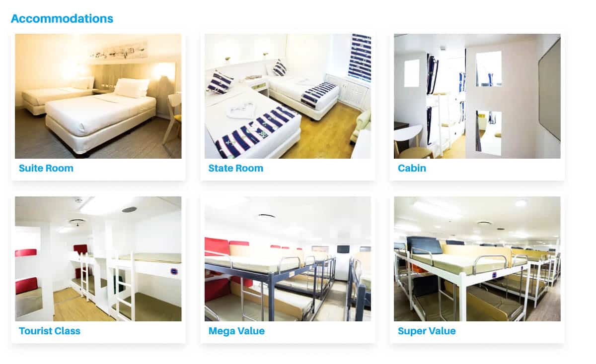 A screenshot of several room options on the 2go travel ferry from Manila to Coron.