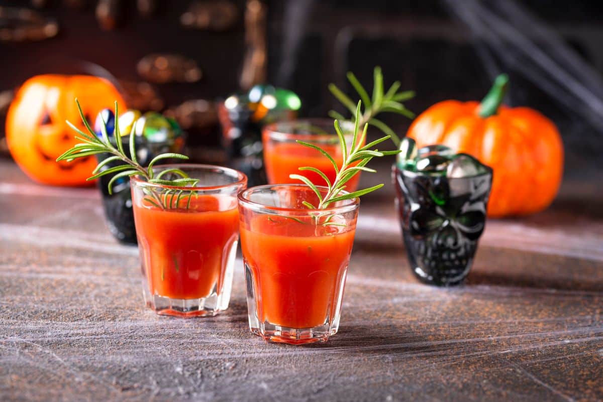 mini bloody mary halloween drinks.